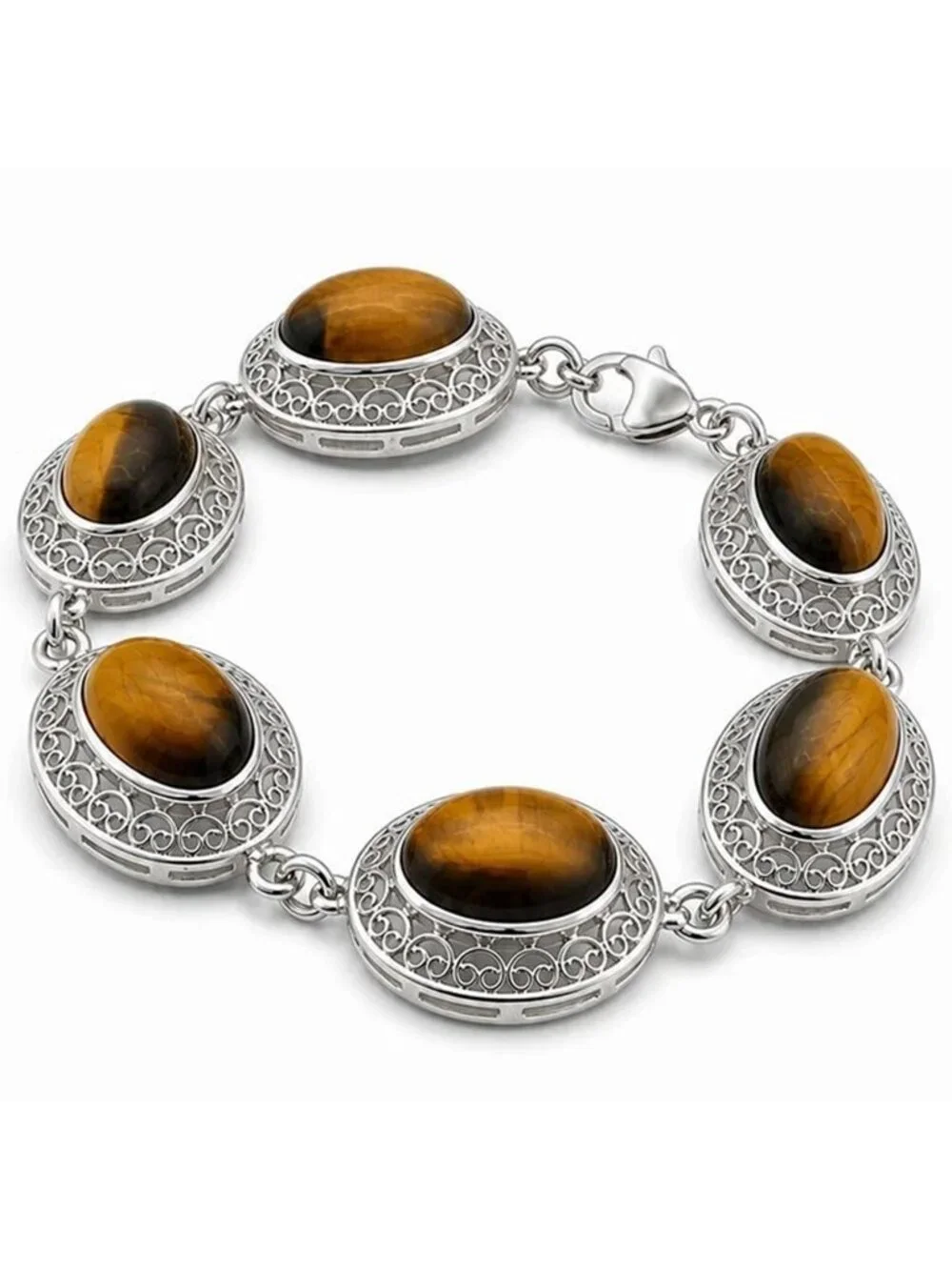 Genuine 34.86 Cts Tiger's Eye Tennis Bracelet .925 Silver